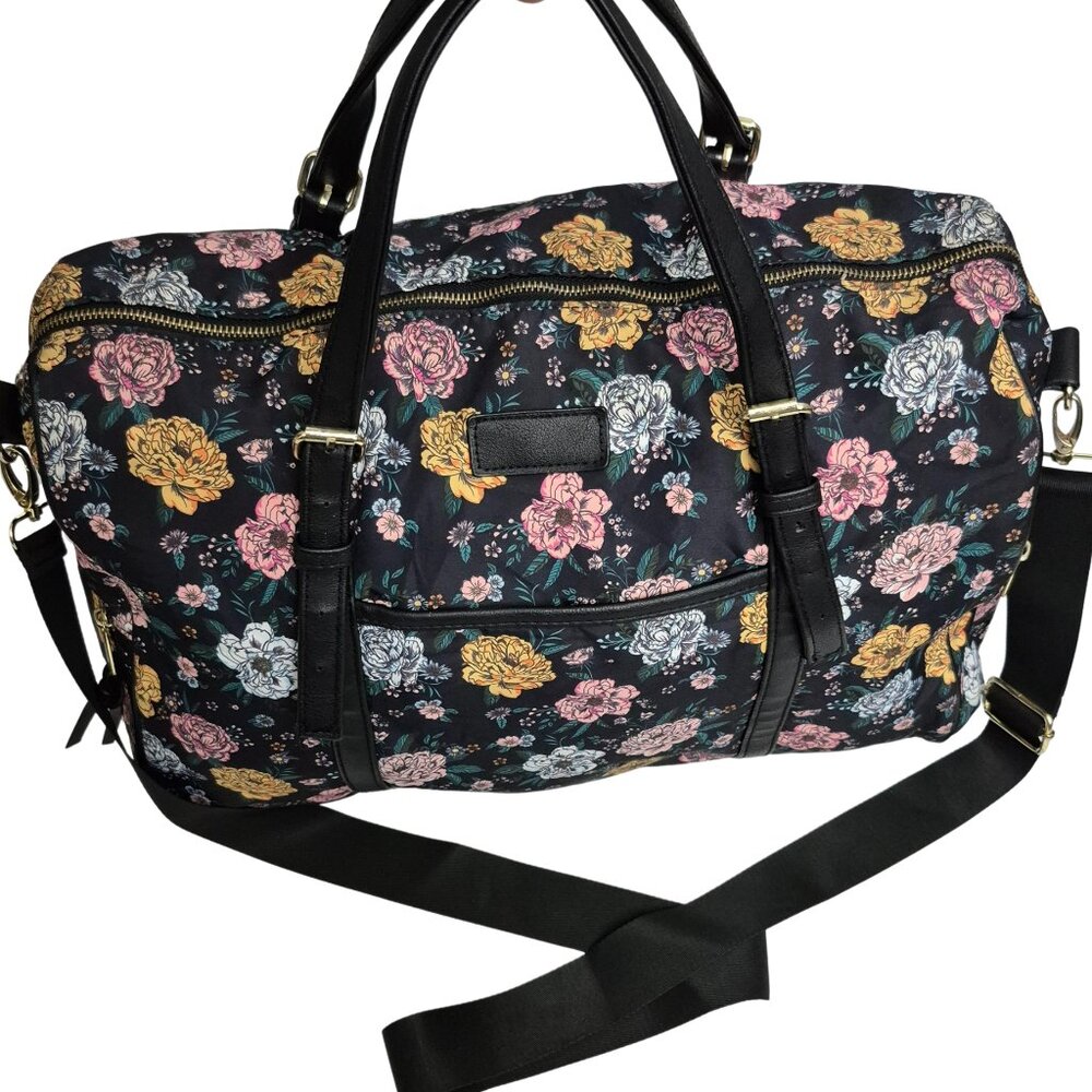 Floral Travel Tote Bag, Zip Closure Removable Handle straps, Black Floral